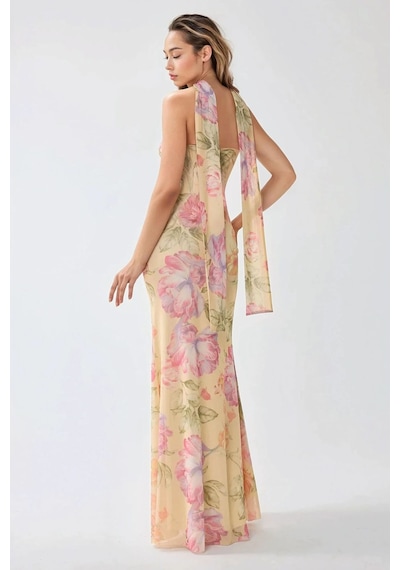 Hiccup Straplez Çiçek Desenli Tül Kuşaklı Bodycon Maxi Elbise Çok renkli