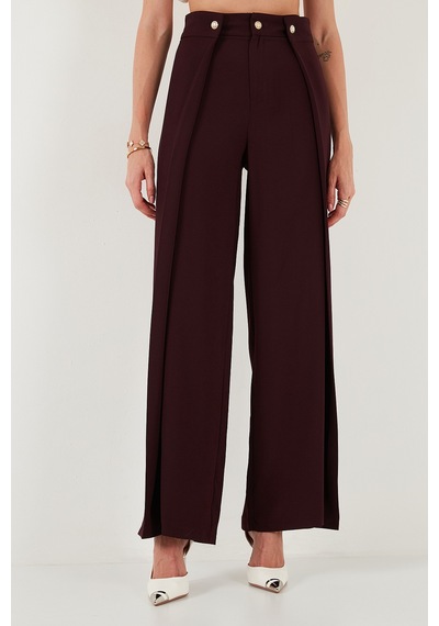 Lela Düğmeli Pile Detaylı Wide Leg Yüksek Bel Geniş Paça Bayan Pantolon 68351133 Mürdüm