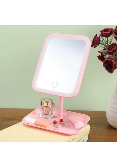Led Işıklı Ayarlabilir Makyaj Aynası, Usb Şarj Edilebilir, 3 Işık Fonksiyonu, Parlaklık Ayarlı Ve Organizer Tabanlı Taşınabilir Kozmetik Ayna- Pembe Açık Bej