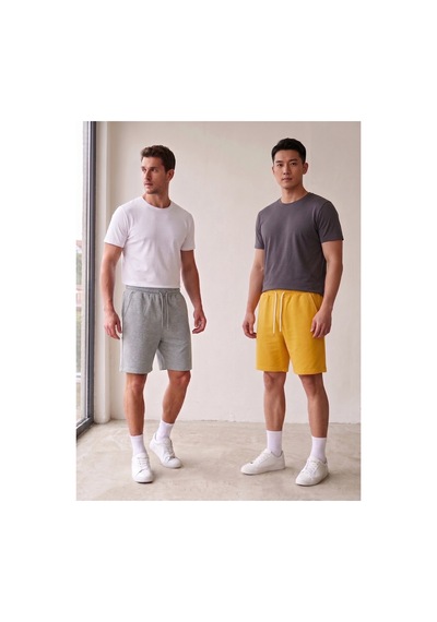 Machi Makiteks Gri Sarı İkili Rahat Kesim Beli Lastikli Cepli Penye Şort Günlük Basic Rejenere Sweat Bermuda Gri - Sarı