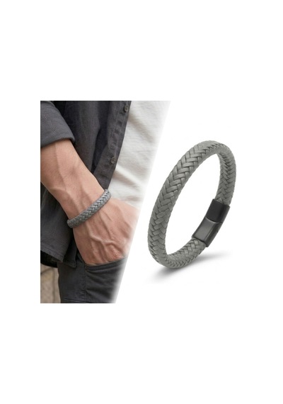 Premium Rumeli Gri Örme Pu Deri Erkek Bileklik - Zamak Kilitli Tasarım 31833b4d23z - 20 Cm
