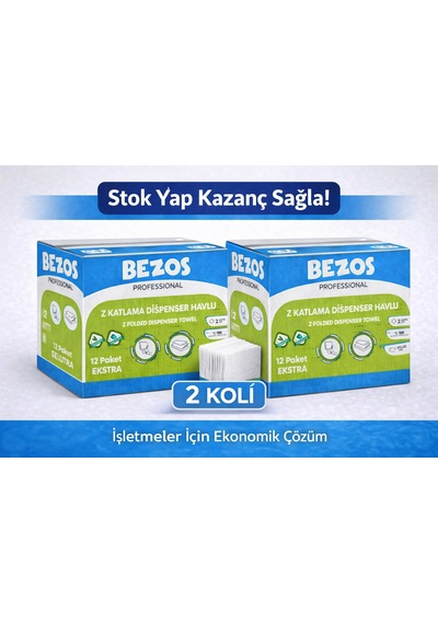 Bezos Z Katlamalı Dispenser Havlu 2 Katlı 20x22 Cm %100 Selüloz 2 Koli Avantaj Paket