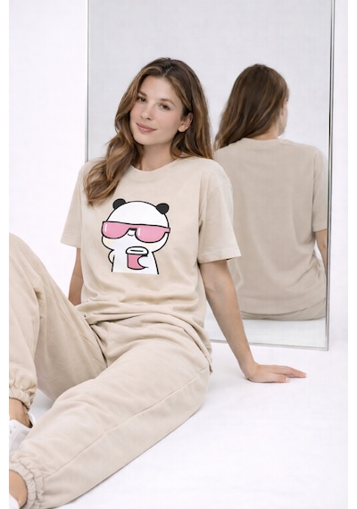 Nevermınd Sevgili Kombini Panda Bardak Baskılı Çift Tişört Oversize Unisex Partner Kombin Çift Seti Bej Bej