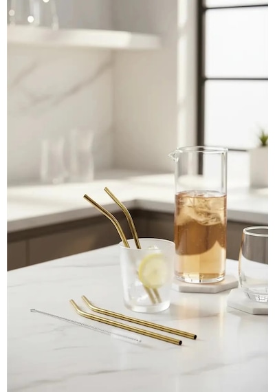 Miniso Lisanslı 3'lü Metal Pipet Seti 304 Paslanmaz Çelik Temizleme Fırçalı