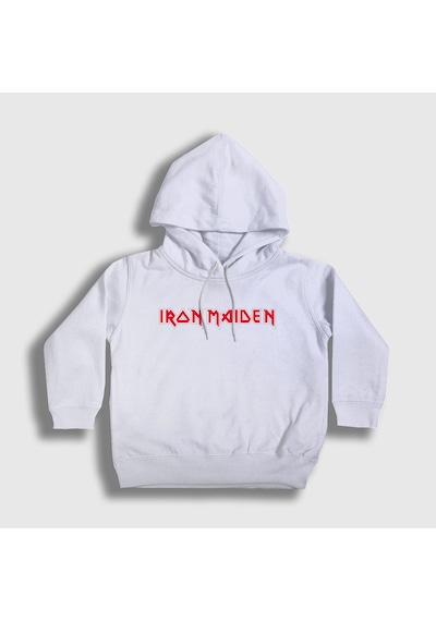 Presmono Unisex Çocuk Logo Iron Maiden Kapüşonlu Sweatshirt Beyaz