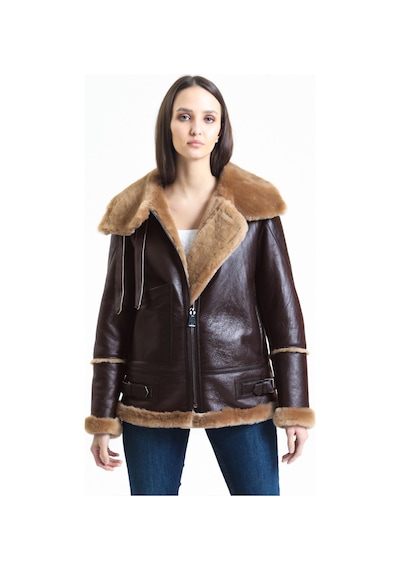 M M Marki Marki Kadın Kahverengi Vintage Deri Mont, Kahverengi Kürklü, Balıkçı Yaka, Oversize - 105222 Siyah Kahverengi