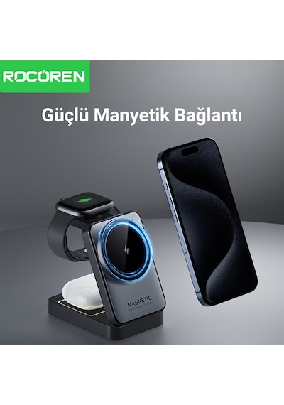 Rocoren 3 Ü 1 Arada Apple Uyumlu iPhone Airpods Watch Magsafe Kablosuz Şarj Cihazı Stand