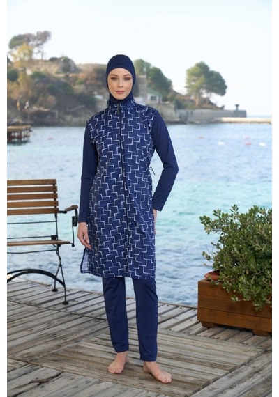 Estiva 25944 Lacivert Fermuarlı Geometrik Desenli Tam Boy Tesettür Mayo Lacivert