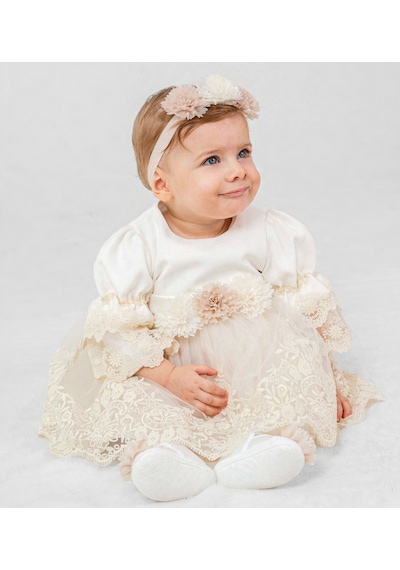 Pugi Baby Kız Bebek Şık Dantelli Mevlüt / Özel Gün Elbisesi Bej