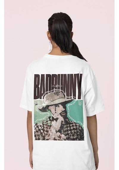 Özel Tasarım Bad Bunny Sırt Baskılı Unisex Oversize Rapper Şarkıc Beyaz