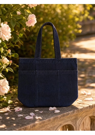 Nealirsanall.com Çok Cepli Denim Omuz Çantası Kot Tote Bag Kumaş Çanta Siyah