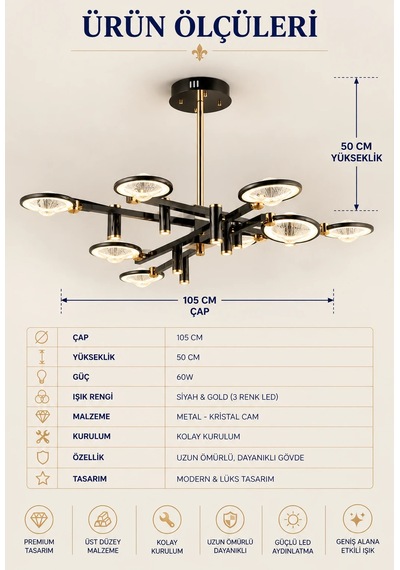 Modern Premıum Gold Siyah Led Avize 8 Kollu Luxury Salon Yemek Odası Avizesi 60w
