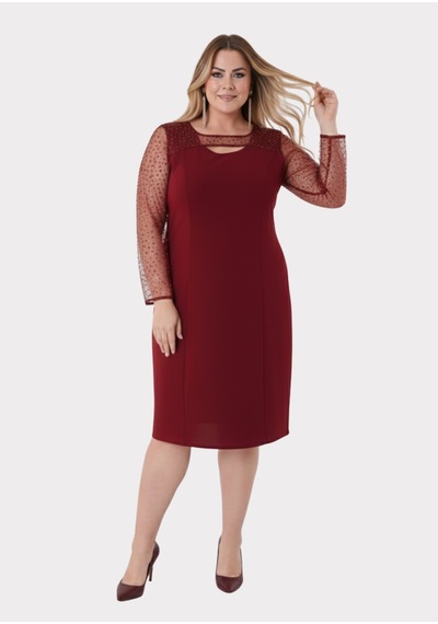 Lilas Xxl Büyük Beden Bordo Renkli Kısa Krep Abiye Elbise