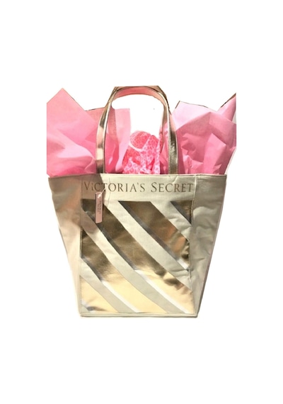 Victoria's Secret Vs Krem Gold Çizgi Desenli Kanvas Tote Omuz Çantası Altın
