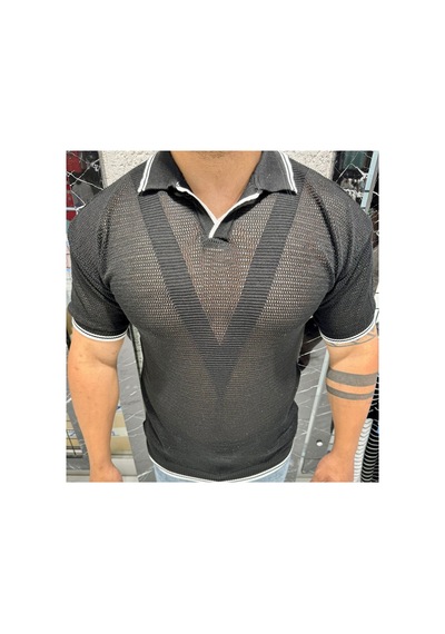 Cool Tarz Erkek Yumuşak Dokulu Polo Yaka Triko T-shirt Siyah Siyah