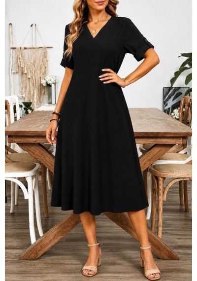Butik İstanbul Kadın Kısa Kollu V Yakalı Bürümcük Midi Elbise Siyah