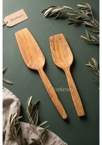 Zeytin Ağacı Ahşap Tahta Kaşık Spatula Seti 2 Parça Zeytin Ağacı Ağaç Kaşık Ynzyt-901 Kahverengi