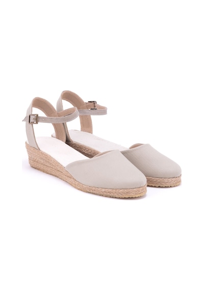 Star Tombis Gerçek Elişi Bej Topuğu Açık Bilekten Bantlı 3cm Dolgu Topuk Keten Hasır Espadril Handmade Bej