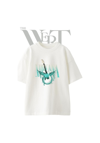 Thewert Nirvana Gitar Tasarım Baskılı Ünisex Beyaz Oversize T-shirt
