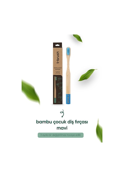 Tbrush Mavi Doğal Bambu Vegan Çocuk Diş Fırçası - Soft (yumuşak) + Paslanmaz Çelik Dil Temizleyici