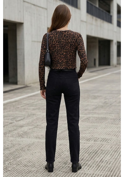 Kadın Leopar Desenli Crop Bluz Düğmeli Uzun Kollu Fit Yumuşak Dokulu Bluz - Kadın Bluz Leopar