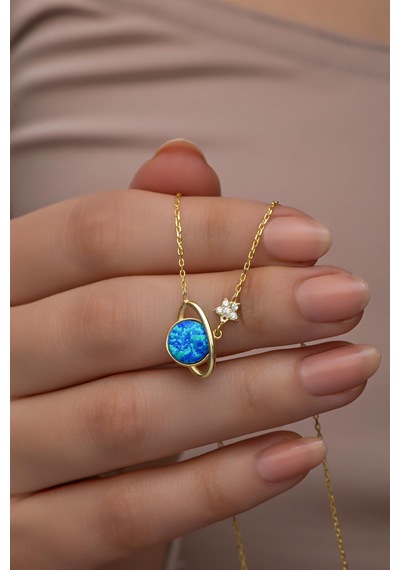 Nereze 925 Ayar Gümüş Gold Kaplama Mavi Opal Taşlı Gezegen Kolye