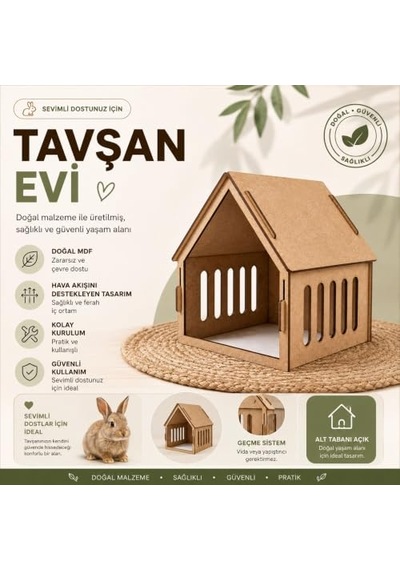 Ahşap Tavşan Evi Ve Yuvası Ham Mdf Geçme Sistemli Küçük Evcil Hayvan Kulübesi, Doğal Ve Sağlıklı Yaşam Alanı, Kolay Kurulumlu Ahşap Tavşan Yuvası Alt Tabanı Açık