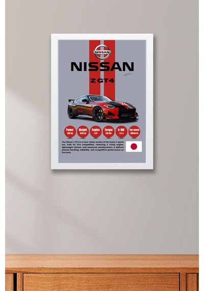 Nissan Z Gt4 Premium Yarış Arabası Çerçeveli Tablo - Teknik Özellikli Pist Serisi Duvar Dekoru Beyaz