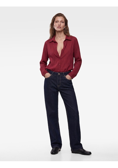 Koton Uzun Kollu Kaçık Yaka Düğmeli Oversize Gömlek Bordo 7wak60129pw