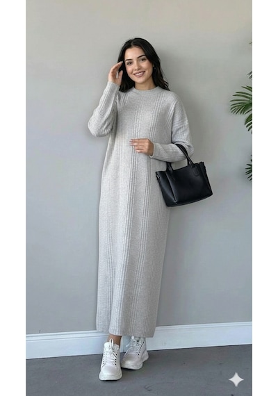 Sonbaharmoda Kadın Uzun Triko Elbise %100 Akrilik Bisiklet Yaka Rahat Ve Şık Kışlık Model Gri