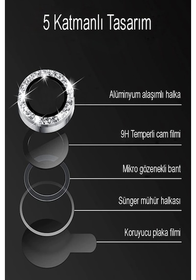 Apple Uyumlu iPhone 13 Mini ile Taşlı Tasarım Temperli Cam Kamera Lens Koruyucu - Gümüş