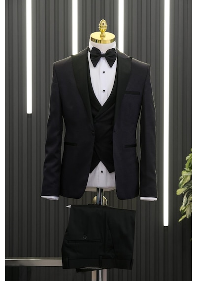 Slimfit Skinny Kesim Desenli Sivri Sabit Yaka Yelekli Papyonlu Smokin Takım Elbise 001