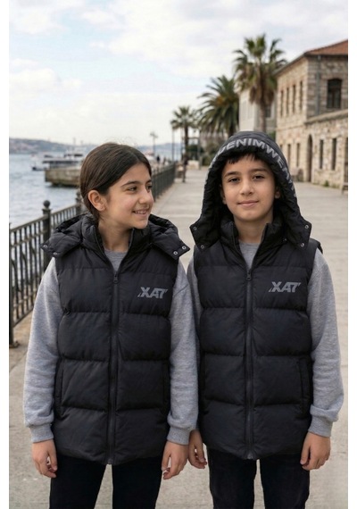 Pina Kids Unisex Çıtçıt Kapüşonlu Baskılı Şişme Yelek Siyah