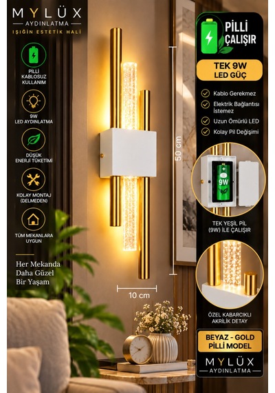 Mylüx Beyaz Gold Kirpi Aplik 50 Cm Pilli Kablosuz 9w Led Kabarcıklı Dekoratif Duvar Aydınlatma Beyaz Beyaz