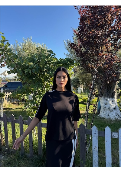 WeShaya Siyah Polyester Keten Çizgili Yandan Takım Siyah