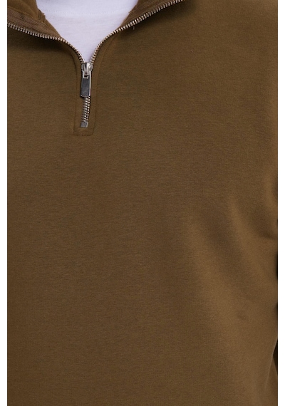Tudors Unisex Relax Fit Rahat Kesim Pamuklu İçi Polarlı Yarım Fermuarlı Yeşil Dik Yaka Sweatshirt-35164 Yeşil