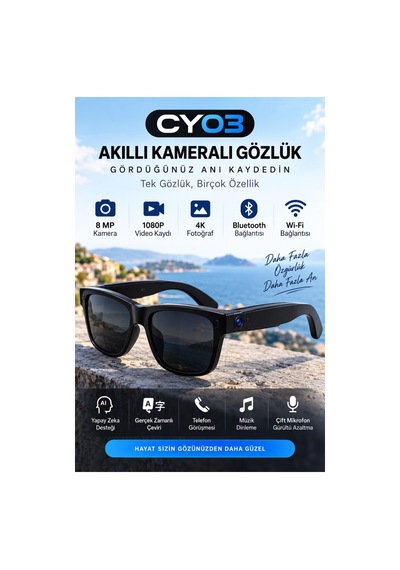 Cy03 Akıllı Kameralı Gözlük 8 Mp 1080p Video Kayıt Bluetooth Wifi Aı Çeviri Destekli