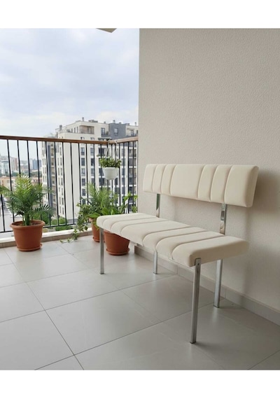 Özcan Metal Metal Krom Ayaklı Sırtlı Mutfak Salon Antre Yatak Odası Balkon Puf Bank Oturak Bench Bej