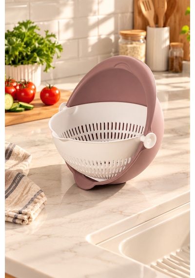 Porsima 1312 Aqua 360 Derece Döner Çift Katlı Mutfak Süzgeci 24 Cm - Kulplu Meyve, Sebze Ve Pirinç Yıkama Süzgeçli Kase Pudra Pudra Pembe
