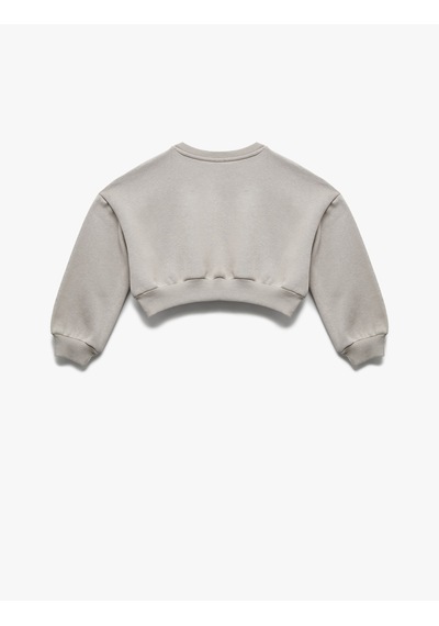 Koton Uzun Kollu Bisiklet Yaka Şardonlu Baskılı Crop Sweatshirt Gri 6wkg10074ak Gri