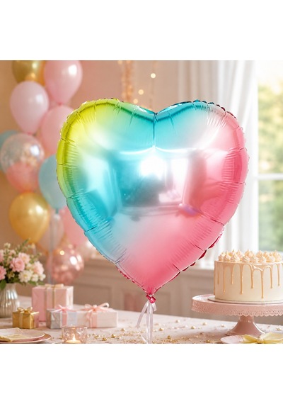 Rainbow Kalp Folyo Balon 18 İnç Doğum Günü Parti Süsü Dekorasyon Balonu Helyumlu Çok Renkli