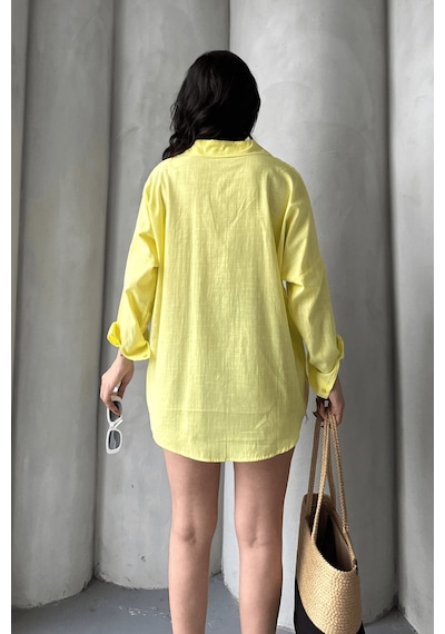 Paw Garage Kadın Harper Çift Cepli Oversize Keten Gömlek, 2025 Summer Collection Sarı
