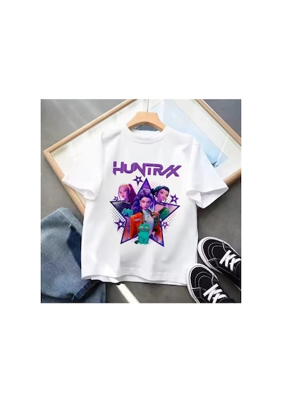 Stil-x K-pop Demon Hunters / Huntrıx Baskılı Çocuk Tshırt, %100 Pamuklu Kumaş Beyaz
