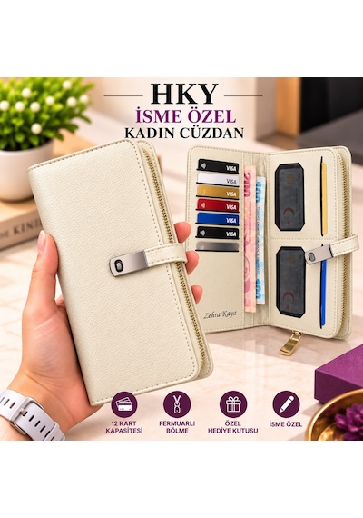 HKY Çok Kullanışlı İsme Özel Kadın Cüzdan Bej