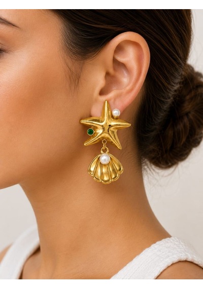 Cm Jewelry İnci Detaylı Deniz Yıldızı Ve Deniz Kabuğu Gold Çelik Küpe Altın