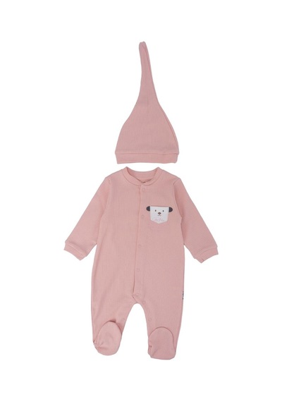 Unisex Bebek Hayvan Nakışlı Raporlu Çıtçıtlı Şapkalı Patikli Tulum 001