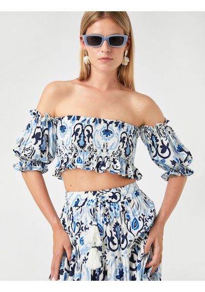 Koton Straplez Crop Bluz Mavi Desenli 2sak30143ew 2SAK30143EW03V