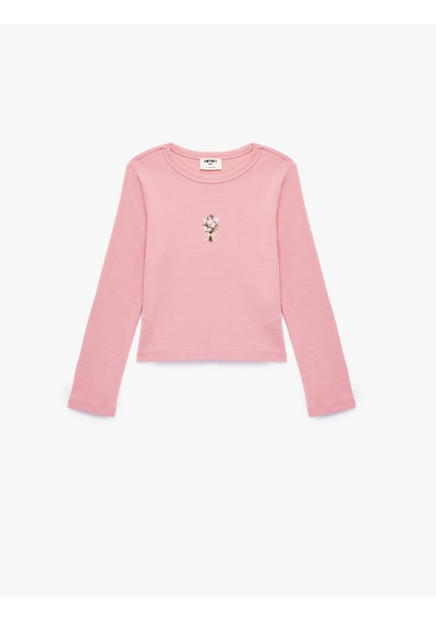 Koton Çiçek Nakışlı Slim Fit Pamuklu Bisiklet Yaka Uzun Kollu Tişört Pembe 7wkg10519ak Gül
