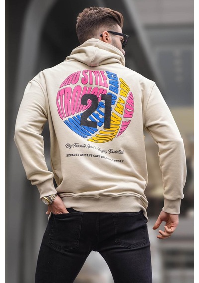 Madmext Bej Kabartma Baskılı Kapüşonlu Sweatshirt 6042 Bej