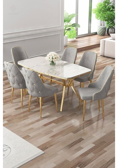 Canisa Asel Serisi 90x160 Lak Panel Beyaz Mermer Desen Gold Kaplama Ayaklı Masa Takımı Ve 6 Gri Sandalye Beyaz Mermer Desen Masa Sandalyeler Gri Canisa Asel Serisi 90x160 Lak Panel Beyaz Mermer Desen Gold Kaplama Ayaklı Masa Takımı Ve 6 Gri Sandalye Beyaz Mermer Desen Masa Sandalyeler Gri